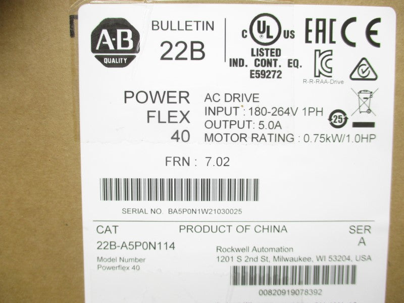 ALLEN BRADLEY 22B-A5P0N114 SER. A F/W 7.02 180-264V 5.0A NSMP