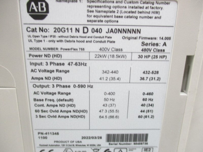 ALLEN BRADLEY 20G11ND040JA0NNNNN SER. A F/W 14.005 480VAC  NSMP