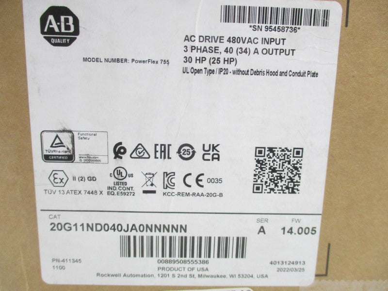 ALLEN BRADLEY 20G11ND040JA0NNNNN SER. A F/W 14.005 480VAC  NSMP
