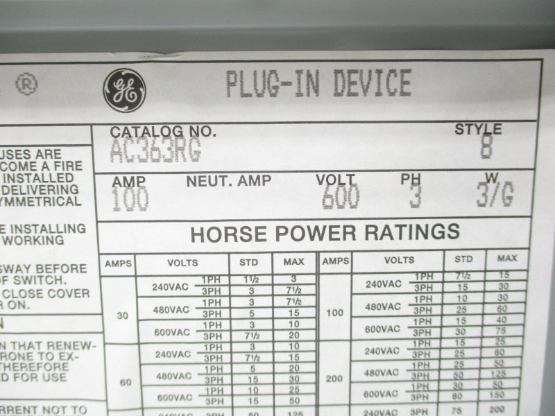 GENERAL ELECTRIC AC363RG 600V 100A NSMP