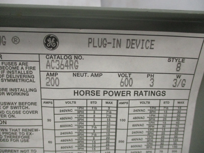 GENERAL ELECTRIC AC364RG 600V 200A NSMP