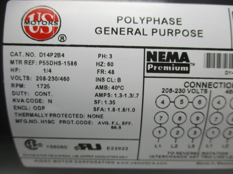 US MOTORS D14P2B4 208-230/460V 1.3-1.3/.7A NSNP