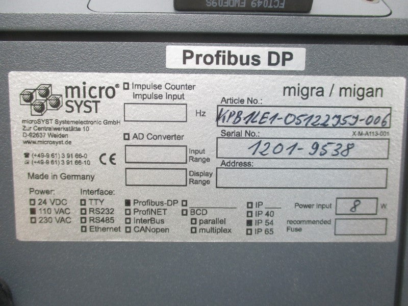 MICRO SYST KPB1LE1-05122757-006 110VAC NSNP