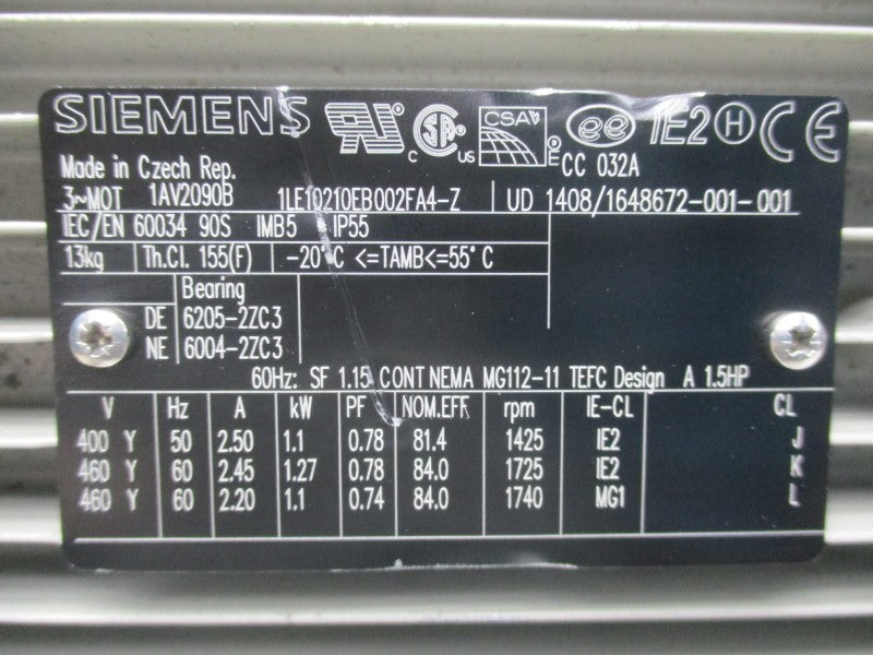 SIEMENS 1LE10210EB002FA4-Z 1AV2090B 460V 2.20A (AS PICTURED) NSNP