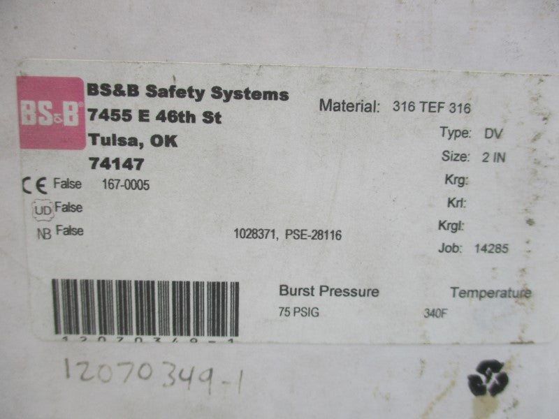 BS&B 12070349-1 75.0PSI DV 2" NSMP