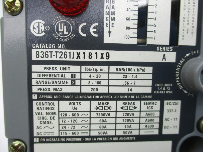 ALLEN BRADLEY 836T-T261JX181X9 SER. A 120-600VAC 60A (BR/WH) NSMP