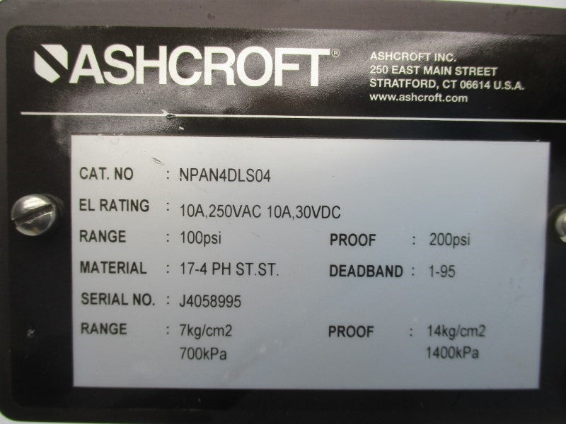 ASHCROFT NPAN4DLS04 250VAC 10A 100PSI NSNP
