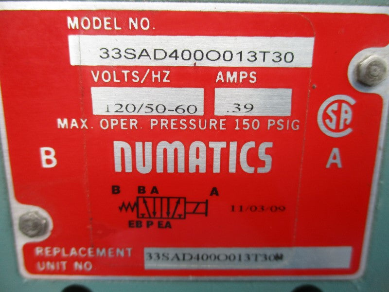 NUMATICS 33SAD400O013T30 120V .39A 150PSI NSNP