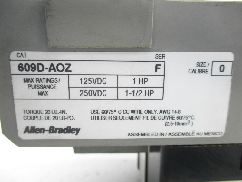 ALLEN BRADLEY 609D-AOZ SER. F 125/250VDC UNMP