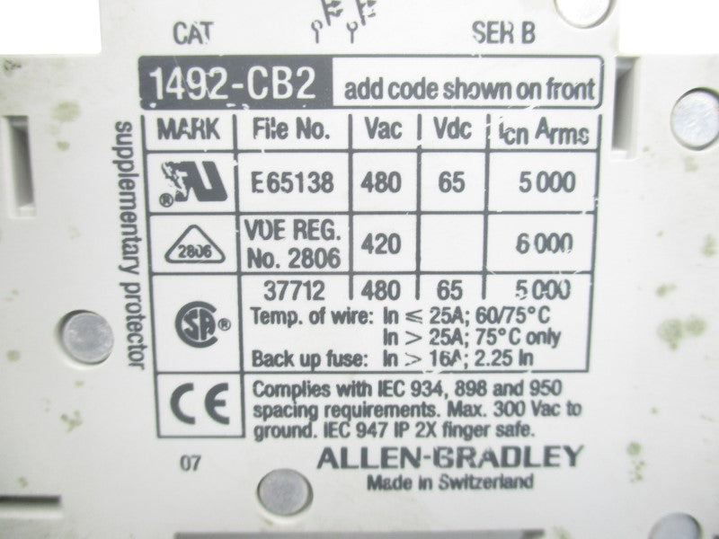ALLEN BRADLEY 1492-CB2H030 SER. B 480VAC 3A UNMP