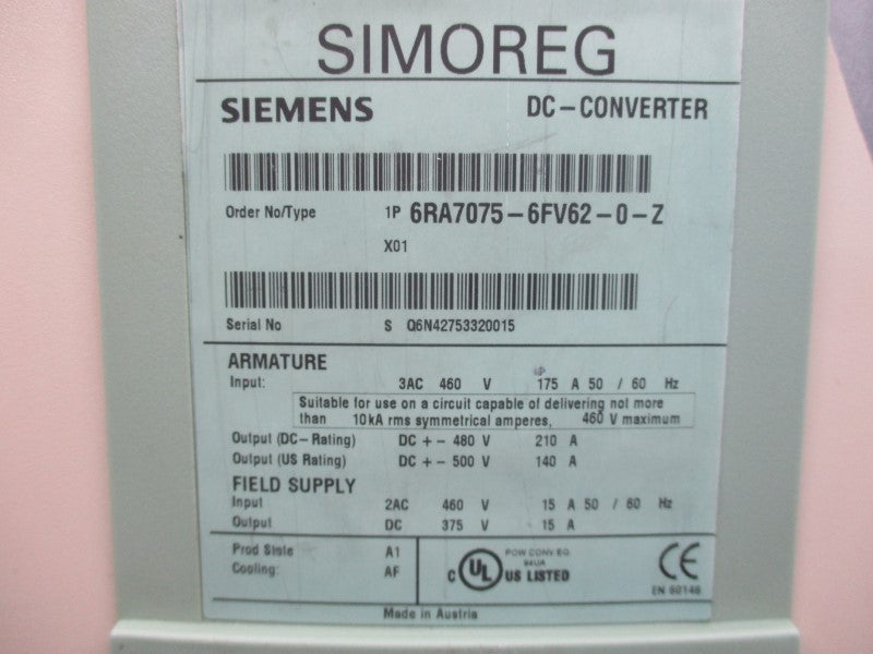SIEMENS 6RA7075-6FV62-0-Z 460V 175A UNMP