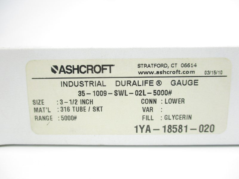 ASHCROFT 35-1009-SWL-02L-5000# 0-5000PSI 3-1/2" NSMP