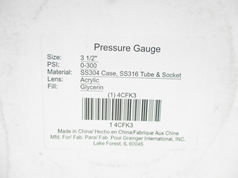 GRAINGER 4CFK3 0-300PSI 3-1/2" NSMP