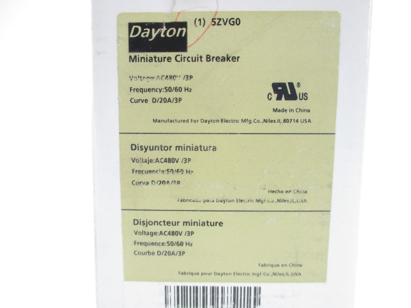 DAYTON 5ZVG0 480VAC 20A NSMP
