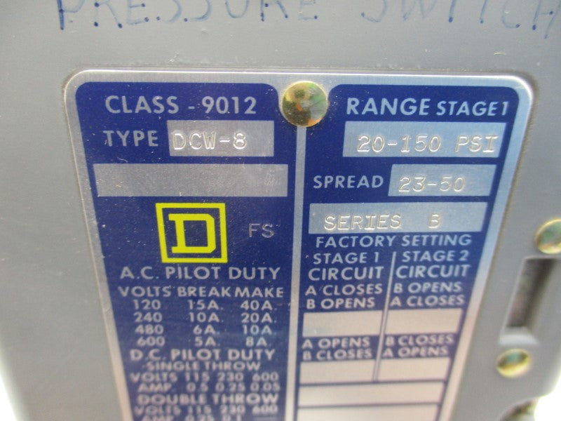 SQUARE D 9012DCW-8 SER. B 600VAC 8A 20-150PSI UNMP
