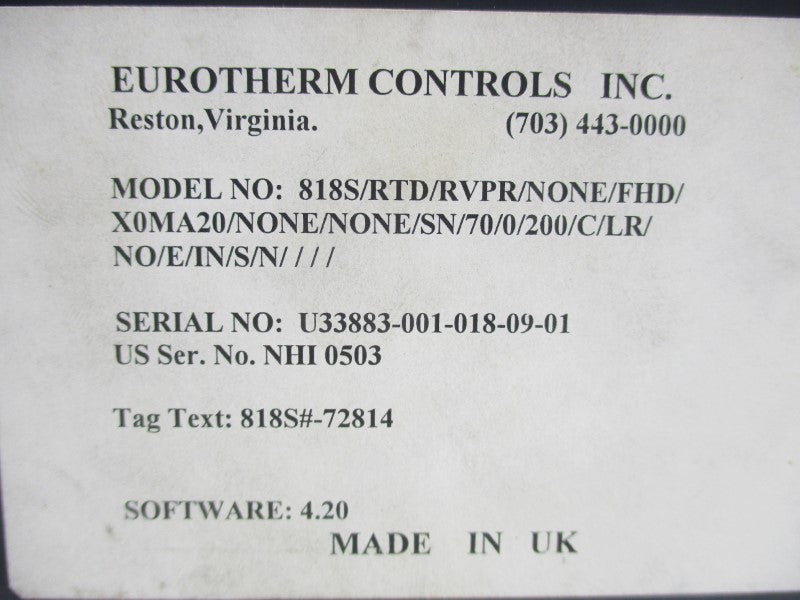 EUROTHERM CONTROLS 818S/RTD/RVPR/NONE/FHD/X0MA20/NONE/SN/70/0/200 85-264VAC UNMP