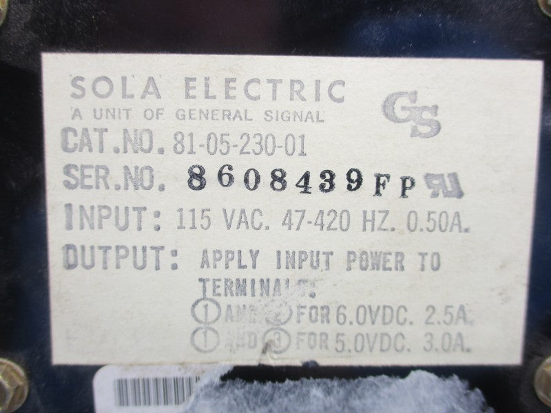 SOLA ELECTRIC 81-05-230-01 115VAC 0.50A UNMP