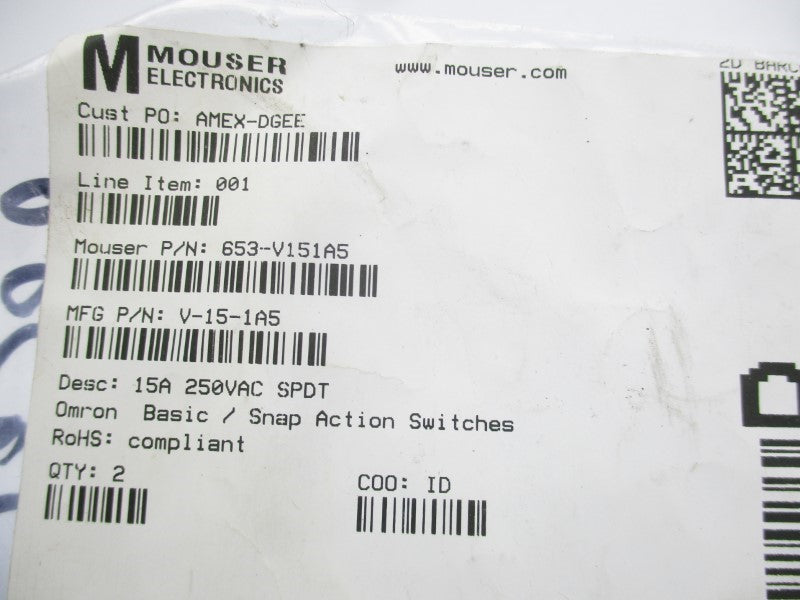 MOUSER ELECTRONICS V-15-1A5 250VAC 15A NSNP