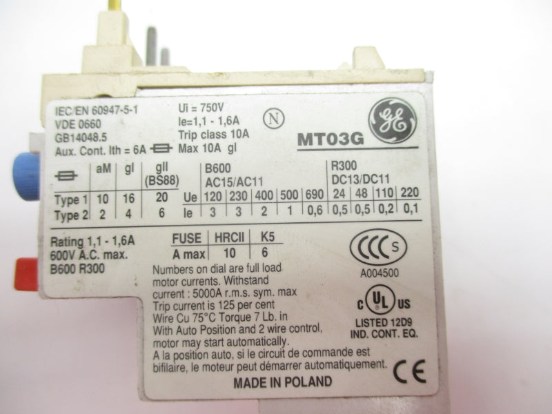 GENERAL ELECTRIC MT03G 600VAC 1.1-1.6A UNMP