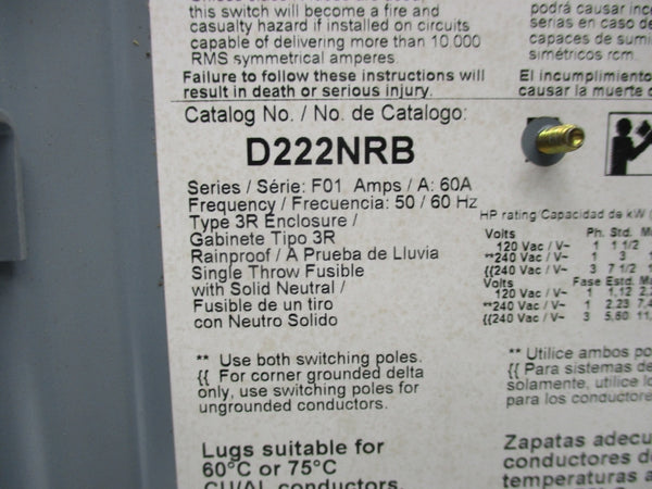 SQUARE D D222NRB SER. F01 240VAC 60A NSNP