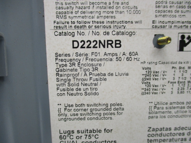 SQUARE D D222NRB SER. F01 240VAC 60A NSNP