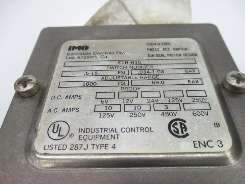 BARKSDALE E1H-H15 480VAC 3A 0.5-15PSI NSNP