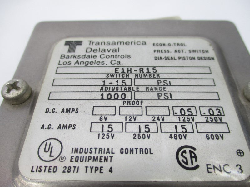 BARKSDALE E1H-R15 480VAC 15A 1-15PSI NSNP