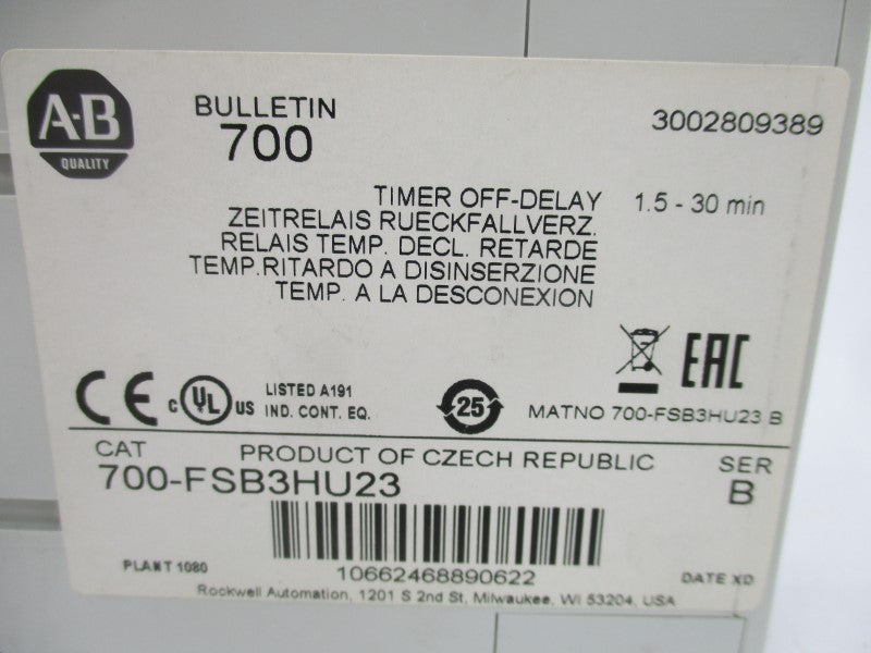 ALLEN BRADLEY 700-FSB3HU23 SER. B 24-240VAC 1.5-30M (WH) NSMP