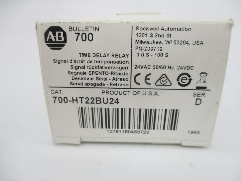ALLEN BRADLEY 700-HT22BU24 SER. D 24VAC/DC 10A 1.0-100S (WH) NSMP
