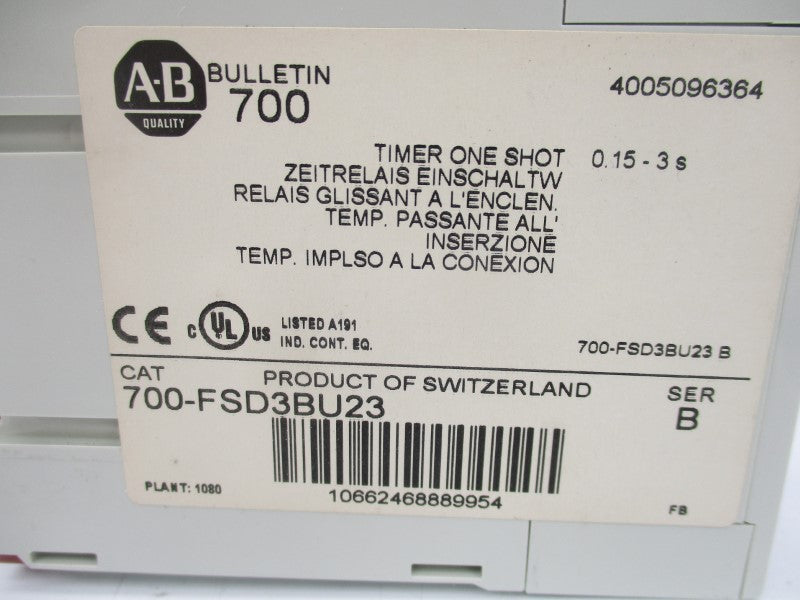 ALLEN BRADLEY 700-FSD3BU23 SER. B 24-240VAC 0.15-3S (WH) NSMP
