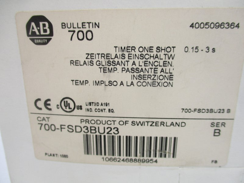 ALLEN BRADLEY 700-FSD3BU23 SER. B 24-240VAC 0.15-3S (WH) NSMP