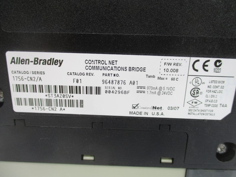 ALLEN BRADLEY R1756CN2 SER. A F/W 10.008 24VDC REV. F01 REMAN