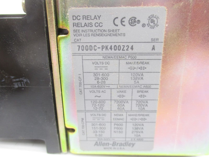 ALLEN BRADLEY 700DC-PK400Z24 SER. A 24VDC (AS PICTURED) NSNP