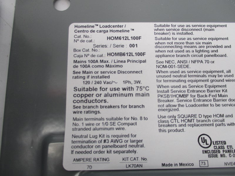 SQUARE D HOM612L100FCP SER. 001 120/240V 100A (AS PICTURED) NSMP