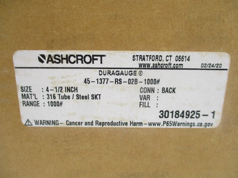ASHCROFT 45-1377-RS-02B-1000# 0-1000PSI 4-1/2" NSMP
