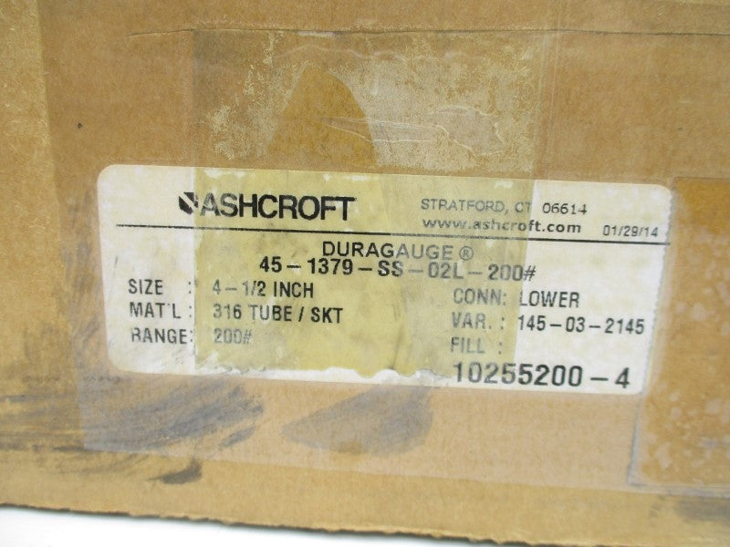 ASHCROFT 45-1379-SS-02L-200# 0-200PSI 4-1/2" NSMP