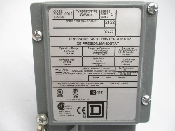 SQUARE D 9012GAW-4 SER. C 600V 240PSI NSMP