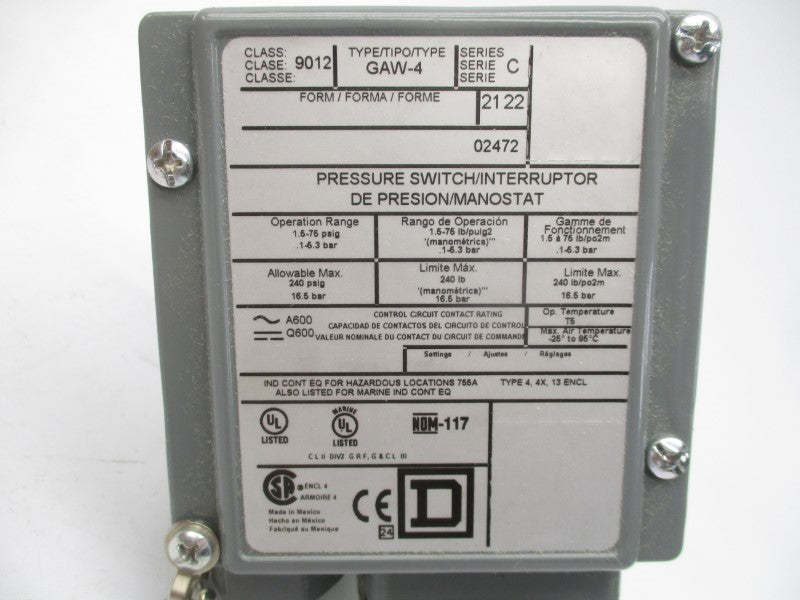 SQUARE D 9012GAW-4 SER. C 600V 240PSI NSMP