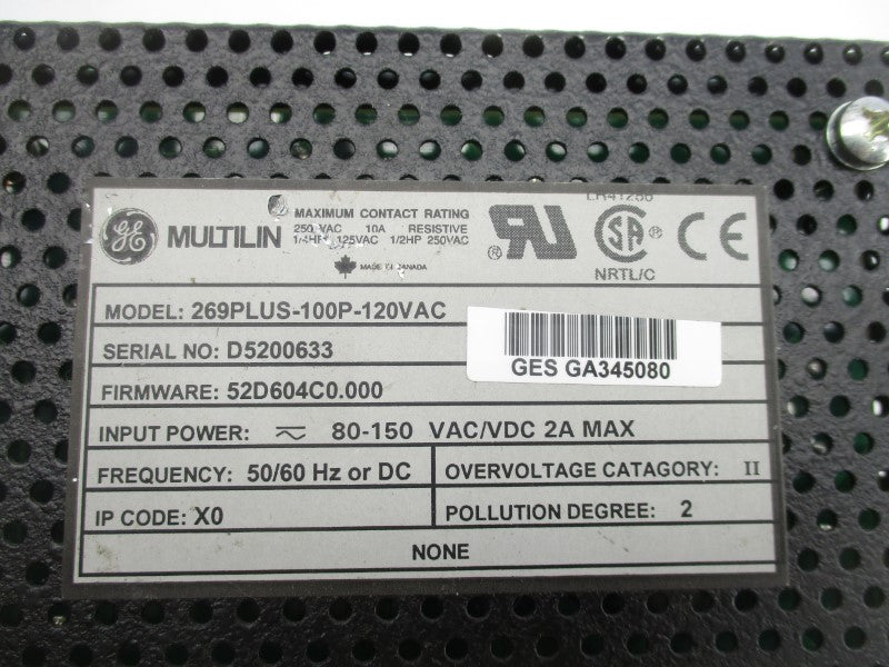 GENERAL ELECTRIC 269PLUS-100P-120VAC F/W 52D604C0.000 80-150VAC/DC 2A UNMP
