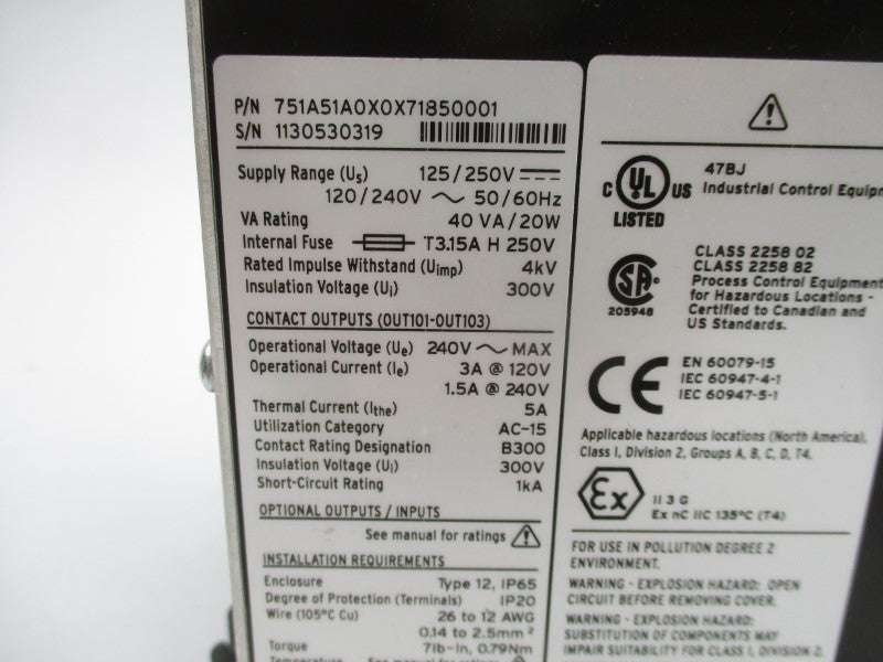SEL SEL-751A 751A51A0X0X71850001 125/250V 3/1.5A UNMP