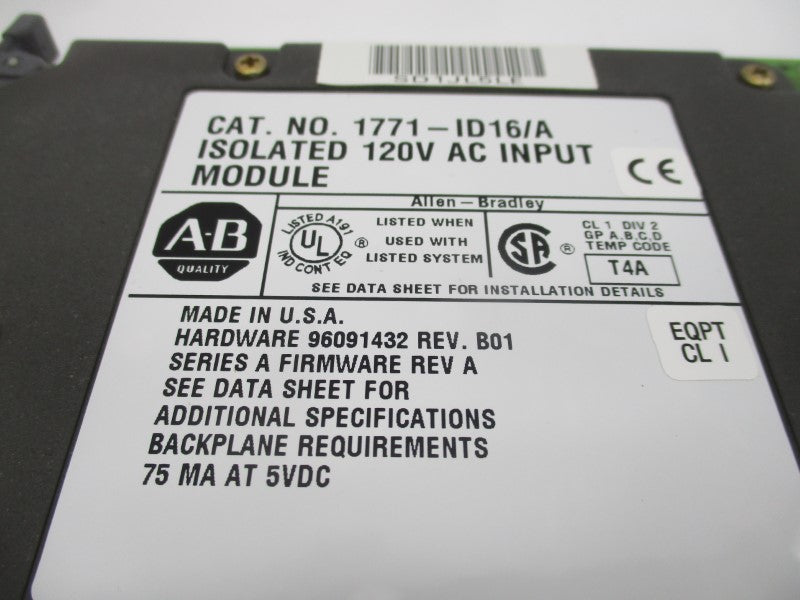 ALLEN BRADLEY 1771-ID16 SER. A F/W A 120VAC REV. B01 (NO TERMINAL) UNMP