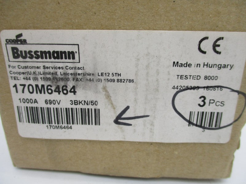 BUSSMANN 170M6464 690V 1000A (PKG OF 3) (BR/WH) NSMP