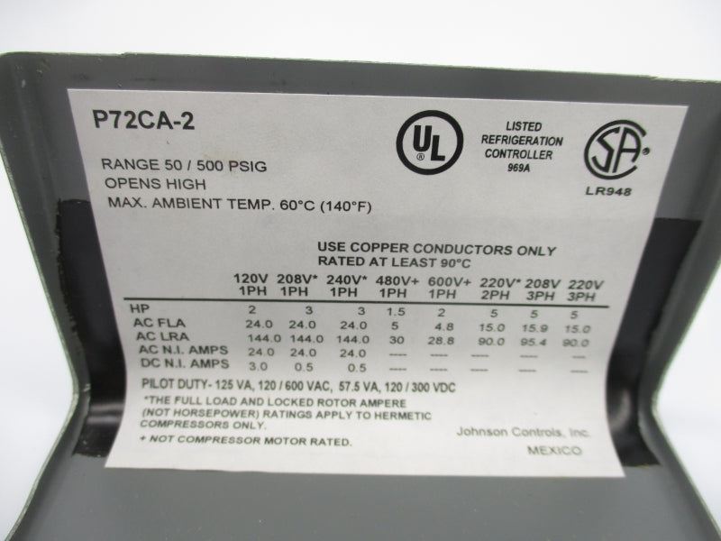 JOHNSON CONTROLS P72CA-2C 600V 4.8A 500PSI 1/4" NSMP