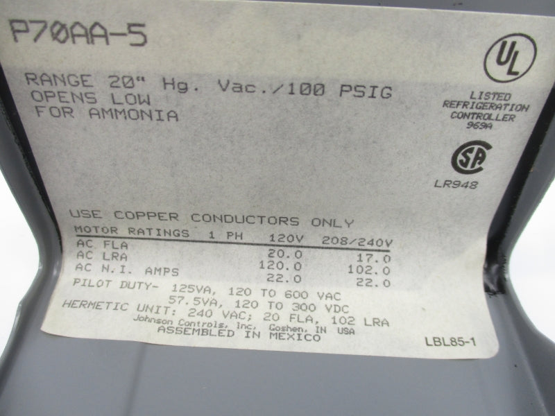 JOHNSON CONTROLS P70AA-5C 208/240V 17A 100PSI 1/4" NSMP