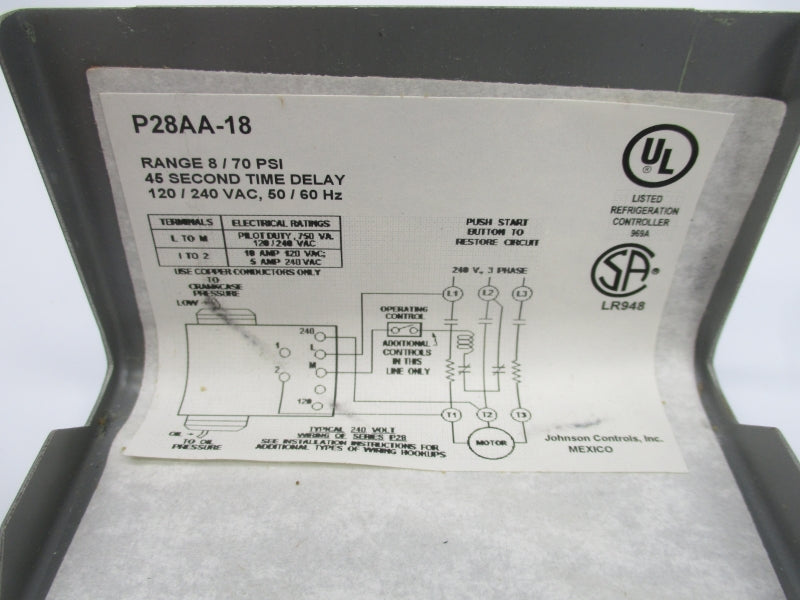JOHNSON CONTROLS P28AA-18C 120/240VAC 8-70PSI 1/4" NSMP