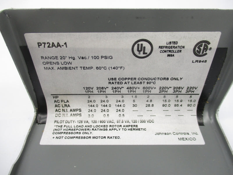 JOHNSON CONTROLS P72AA-1C 600V 4.8A 100PSI NSMP