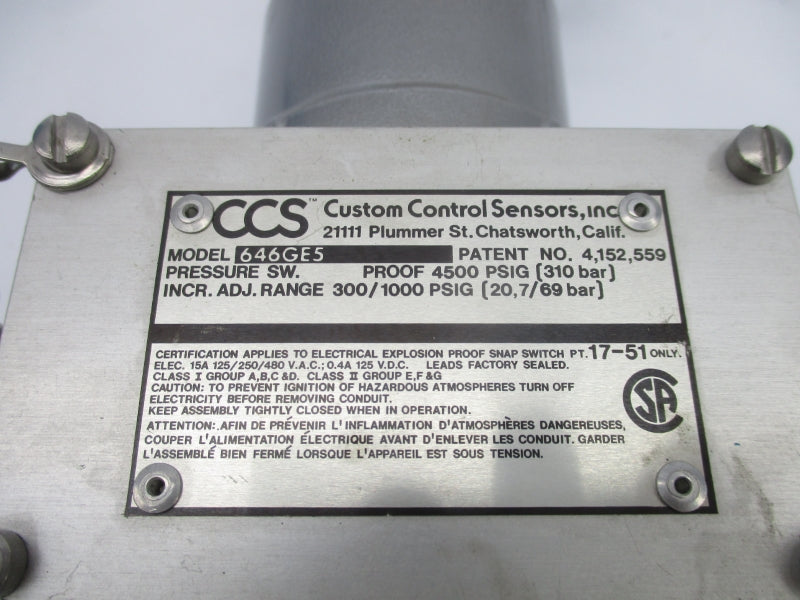 CUSTOM CONTROL SENSORS 646GE5 480VAC 15A 300-1000PSI NSNP