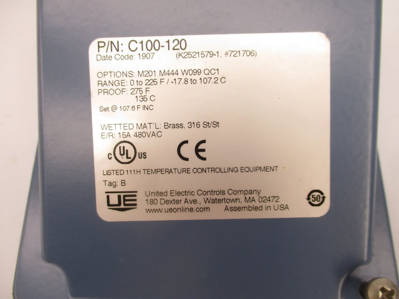 UNITED ELECTRIC C100-120 M201M444W099QC1 480VAC 15A 0-225'F NSMP