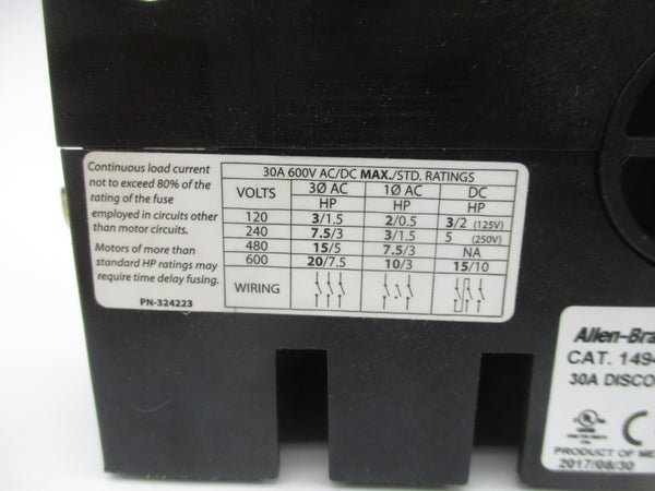 ALLEN BRADLEY 1494U-D30 SER. A 1494U-F30 600V 30A UNMP