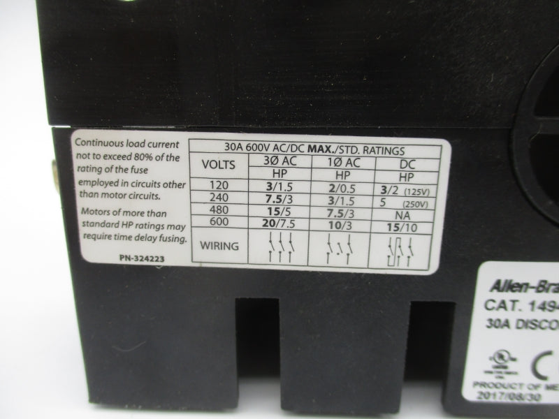 ALLEN BRADLEY 1494U-D30 SER. A 1494U-F30 600V 30A UNMP